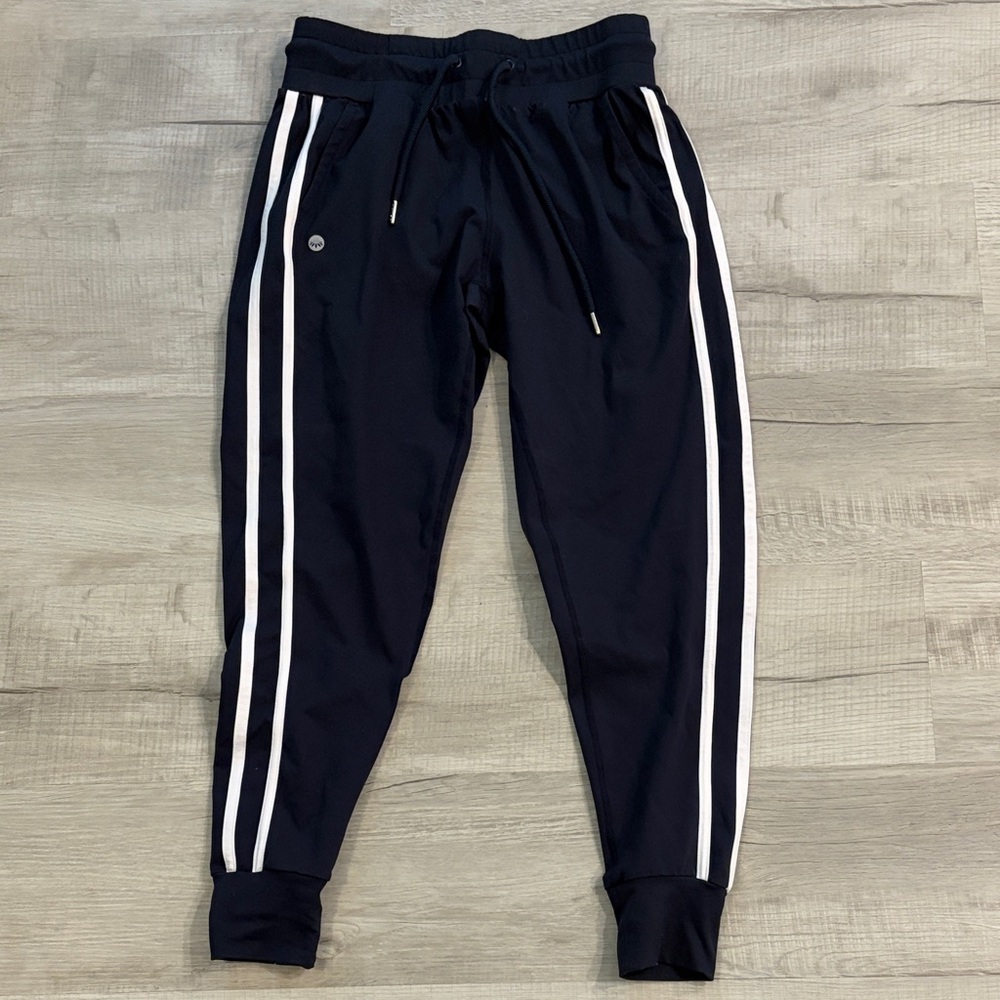Senita Athletics Jogger Pants Dark Navy Blue White Side Stripes Medium Cropped